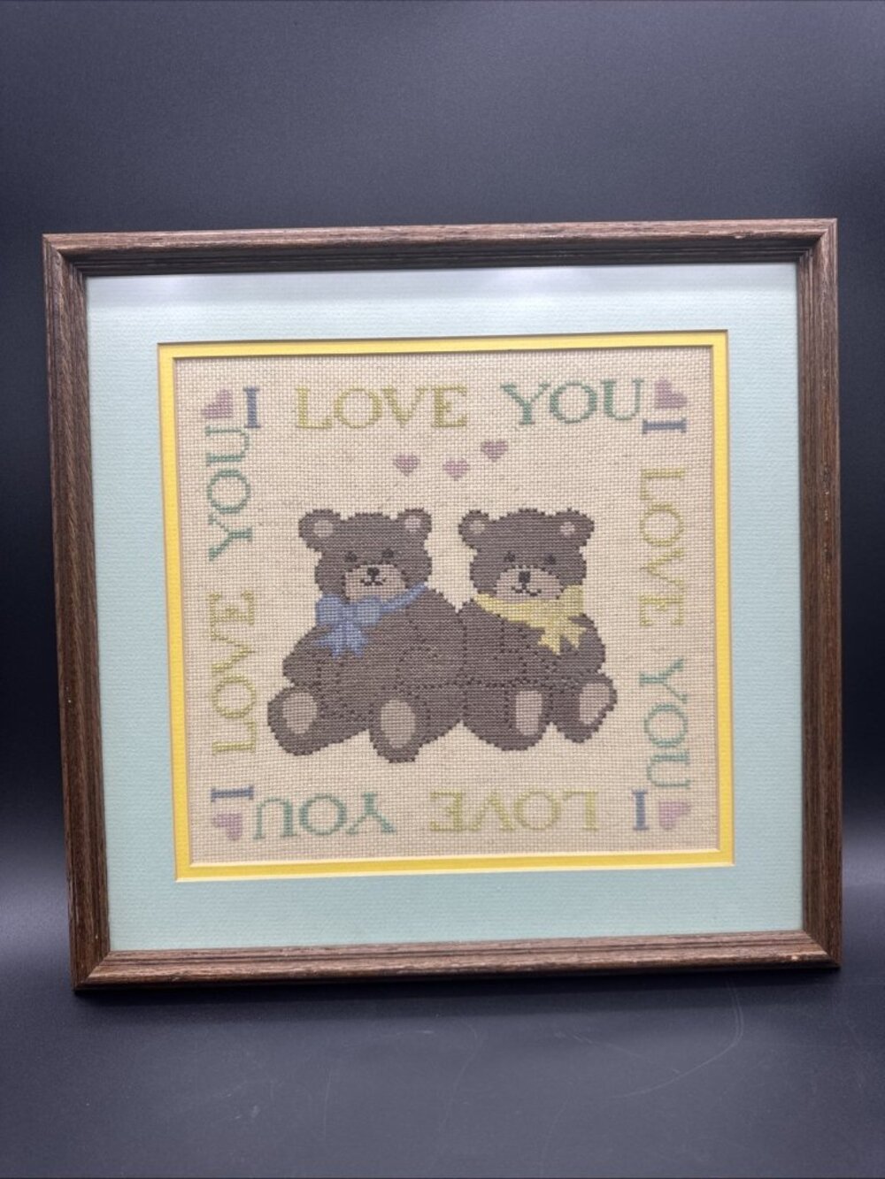 Vtg Needlepoint Cross Stitch Teddy Bear Frame Nursery Wall Decor Cottage Baby